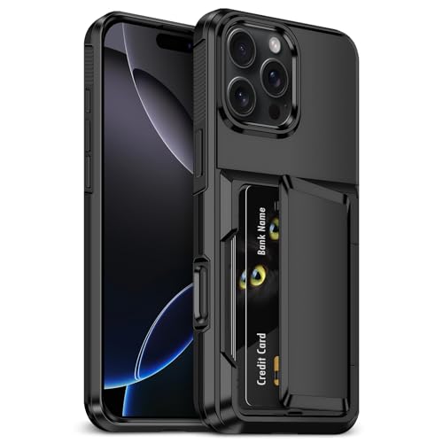 YEBOLU Schutzhülle für iPhone 16 Pro mit Kartenhalter, 3–5 Karten, strapazierfähig, stoßfest, Brieftaschenhülle für iPhone 16 Pro für Herren, Schwarz von YEBOLU