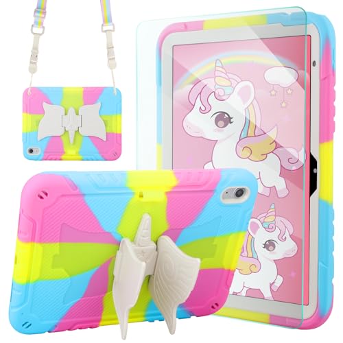 für iPad 10th Generation Hülle 10.9 Zoll 2022 mit Panzerglas Displayschutzfolie für iPad (A16) 11th Generation 11 Zoll 2025 mit Einhorn Ständer/Bunte Schultergurt für iPad 10 Hülle Kinder Mädchen von YEBOLU