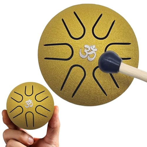 YEJAHY Tongue Drum Steel Tongue Drum 3 Zoll Stahlzungen 6 Töne Zungentrommel, Mini Pan Drum Handpan Instrument Schlagzeug mit Schlägeln Meditation Yoga Klangheilung(Gold) von YEJAHY