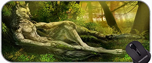 YENDOSTEEN Large Gaming Mouse Pad, Pelzige Fantasie Baum Wald Wolf Kreatur grüne Kunst Große Gaming Mat von YENDOSTEEN