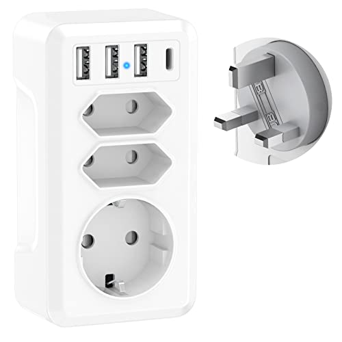 Reiseadapter UK Adapter England Deutschland Stecker Steckdosenadapter England, 7-in-1 Reiseadapter England mit 1 USB C & 3 USB Steckdose Reisestecker,EU to UK Adapter Reiseadapter Type G für Irland UK von YEONPHOM