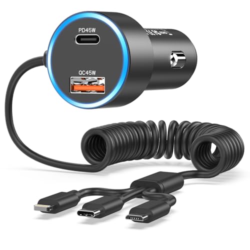 Zigarettenanzünder USB C Adapter 90W, Auto Ladegerät Zigarettenanzünder Stecker PD45W&QC45W Kfz Ladegerät USB C Autoladegerät mit 3 in 1 Spiral Ladekabel für iPhone 15 Pro Max/14/13/12,Samsung S23/S22 von YEONPHOM