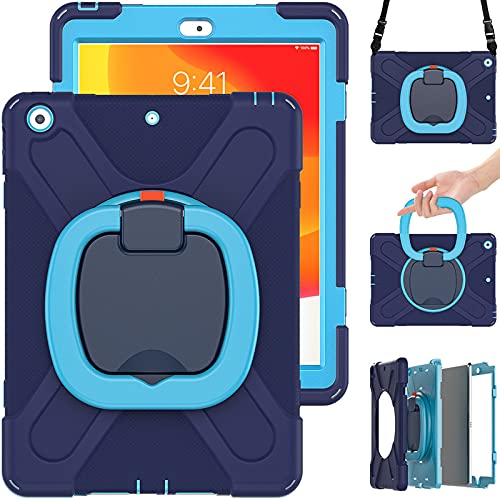 Commute Case für iPad Pro 12.9 2021, schwere stabile stoßfeste Kinderhülle mit Displayschutzfolie 3 in 1 stoßfeste Stoßstange mit 360°-Ringhalterung Ständer Tragegurt (Marineblau + blau) von YEOU