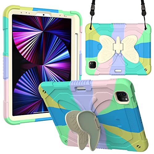 Kompatibel mit iPad Mini 6 (2021), 3D Heavy Duty Hard Rugged Schutzhülle Cartoon Cute Butterfly Wings Ständer Stoßfeste Silikonhülle mit Ständer für Kinder(hellgrün) von YEOU