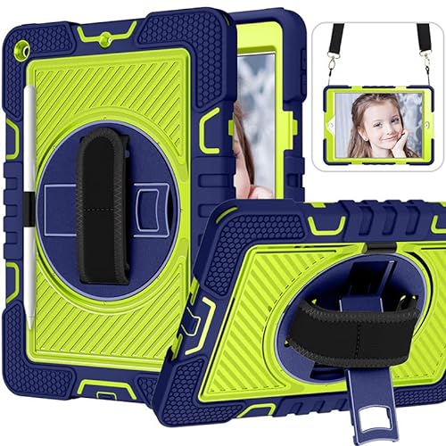 Schutzhülle für iPad Mini 4/5 Generation, stoßfest, vollständige Abdeckung mit integriertem Ständer und 360° drehbarer Handschlaufe und Standfunktion, Marineblau + Gelbgrün von YEOU