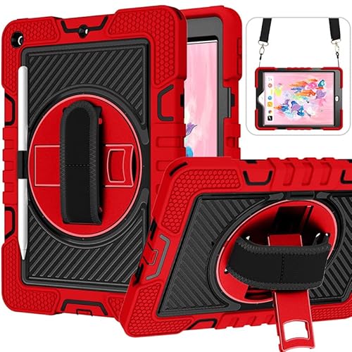 Schutzhülle für iPad Mini 4 / 5 Generation, stoßfest, vollständige Abdeckung mit integriertem Ständer und 360° drehbarer Handschlaufe und Standfunktion, Rot + Schwarz von YEOU