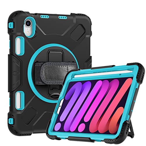 iPad mini6 2021 Generation Hülle mit Displayschutzfolie Stifthalter Kickstand 360 Grad drehbare Handschlaufe Handschlaufe Kickstand Rugged Protective Cover (Mintfarbe) von YEOU