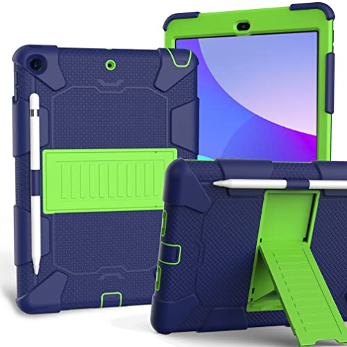 Schutzhülle für iPad 10,2 Zoll 9./8./7. Generation 2021/2020/2019 mit DREI-in-Eins-Design, stoßfest, robuste Hülle mit Stifthalter und Ständer, Marineblau + Gelbgrün von YEQIU