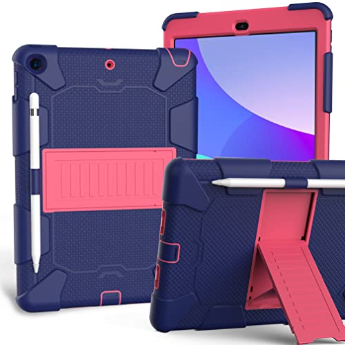Schutzhülle für iPad 10,2 Zoll 9./8./7. Generation 2021/2020/2019 mit DREI-in-Eins-Design, stoßfest, robuste Hülle mit Stifthalter und Ständer, Marineblau + Rose von YEQIU