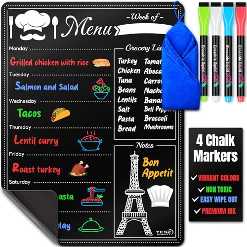 A3 Magnetische - trocken abwischbare schwarze Menütafel für den Kühlschrank (40 x 30 cm) - wöchentliche Essensplaner-Tafel mit 4 Neon-Kreidemarkern und Radiergummituch von Yes4Quality von YES4QUALITY