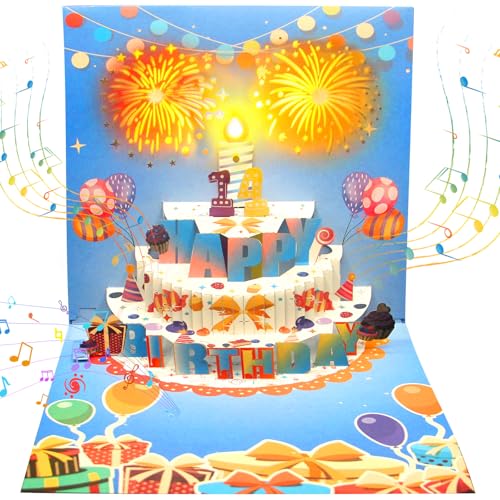 YESLUSY Happy Birthday Pop-up-Geburtstagskarte mit Musik, Lichtern und Zahlenalterskarte, 3D-Feuerwerk-Grußkarte, Geburtstagsgeschenk für Kinder, Frauen, Männer(Hellblaue) von YESLUSY