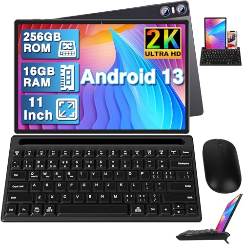 Tablet 11 Zoll Android 13 mit 16 GB RAM + 256 GB ROM (1TB TF), 2K 2000 x 1200 IPS, 4 Lautsprecher, 3 Kameras, GPS, 5G WLAN, 18W Schnellladung, 8600mAh, Octa-Core, mit Tastatur + Maus + Hülle, Kaffee von YESTEL