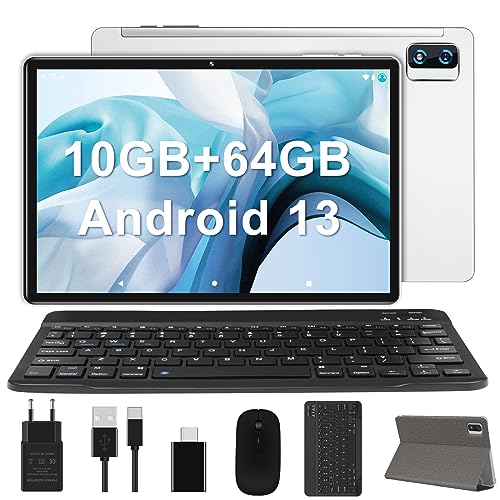 YESTEL Android 13 Tablet 10 Zoll 10GB RAM 64GB ROM TF 1TB | WiFi Tablet PC mit Gehäuse Tastatur Maus | BT5.0 | 8000mAh | 13MP+5MP Kamera | Face ID | HD Tablet Slim & Light | Silber von YESTEL