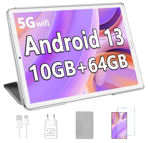 YESTEL Tablet 10 Zoll Android 13 mit 10 GB RAM + 64GB ROM (1 TB Erweiterbar), GPS, 5G Wi-Fi, 8 Core CPU, 5MP + 8MP, Bluetooth 5.0, USB-C Tablet mit Hülle, Silber von YESTEL