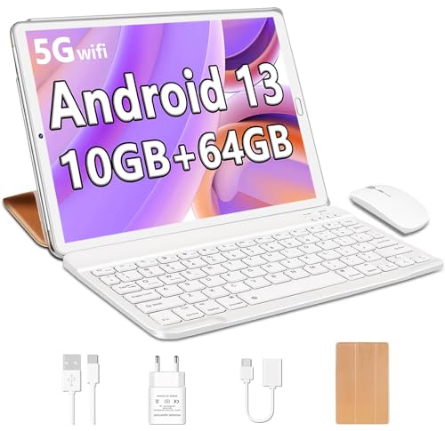 YESTEL Tablet 10 Zoll Android 13 mit 10 GB RAM + 64GB ROM (1 TB Erweiterbar), GPS, 5G Wi-Fi, 8 Core CPU, 5MP + 8MP, Bluetooth 5.0, USB-C Tablet mit Tastatur + Maus + Hülle, Gold von YESTEL
