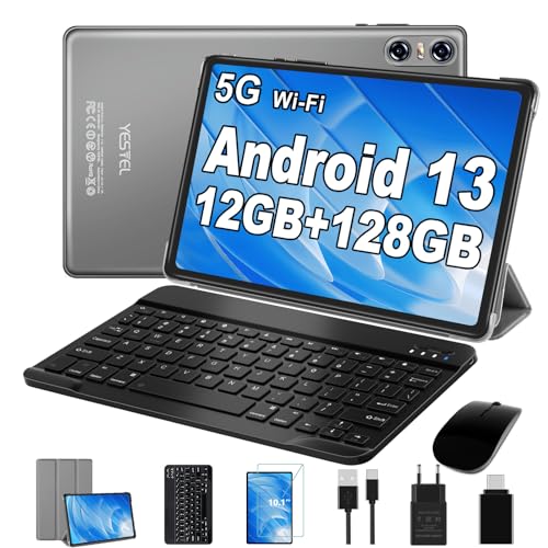 YESTEL Tablet 10 Zoll Android 13 mit 12 GB RAM + 128 GB ROM (1TB TF), 2 in 1 Tablet mit 2.4G + 5G WLAN, GPS, 2.0 GHz, Bluetooth 5.0, 5 MP + 8 MP, Tablet mit Tastatur + Maus + Hülle, Grau von YESTEL