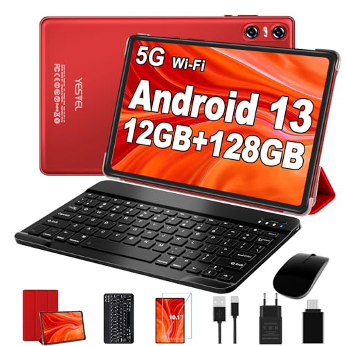YESTEL Tablet 10 Zoll Android 13 mit 12 GB RAM + 128 GB ROM (1TB TF), 2 in 1 Tablet mit 2.4G + 5G WLAN, GPS, 2.0 GHz, Bluetooth 5.0, 5 MP + 8 MP, Tablet mit Tastatur + Maus + Hülle, Rot von YESTEL
