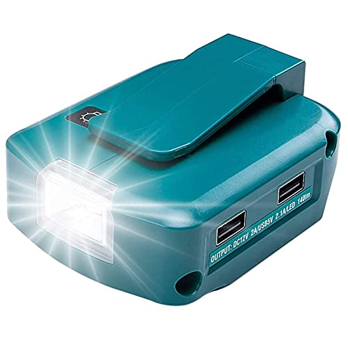 ADP05 Stromquelle für Makita 18V Lithium-Ionen Akku, YEX-BUR USB Telefonladeadapter Konverter mit Zwei 5V 2.1A USB Ports, 12V 2A DC Port, 3W 140LM LED Arbeitslicht Taschenlampe von YEX-BUR