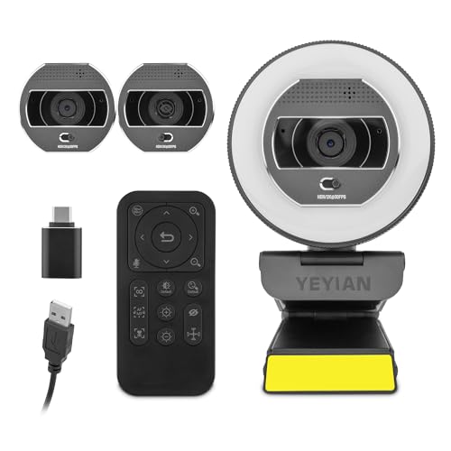 Yeyian Webcam-Streaming Autofokus Dual-Mikrofon-Rauschunterdrückung | 2K 2560x1440 30FPS | LED-Ringlicht 3 Farben | Fernbedienung | Verstellbare Unterstützung | Windows, Mac, Linux, Android | USB von YEYIAN