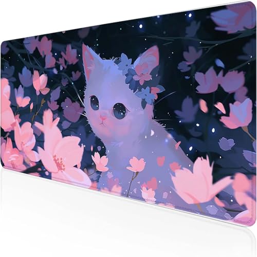 Katze Mauspad 800x300 mm, Gaming Mauspad Rosa Desk Mat with Stitched Edges Wassxerdicht Non-Slip Rubber Base Desk Mat für Büro Gaming Zubehör Verbessert Präzision und Geschwindigkeit, Geschenke 9-J von YEYUMEOZ