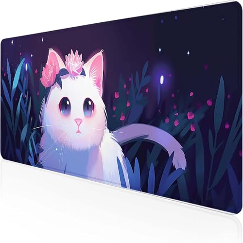 Katze Mauspad 800x300x3 mm, Gaming Mauspad Rosa Desk Mat with Stitched Edges Wassxerdicht Non-Slip Rubber Base Desk Mat für Büro Gaming Zubehör Verbessert Präzision und Geschwindigkeit, Geschenke L-3 von YEYUMEOZ