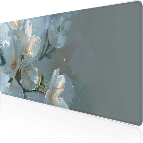 Mauspad WeißE Blumen Schreibtischunterlage 700x300mm grau Gaming Mauspad mit Vernähte Kanten Wasserdicht Anti Rutsch Gumm iboden für Bürozubehör Laptop Verbessert Präzision, Geschenke für Männer 2-1 von YEYUMEOZ