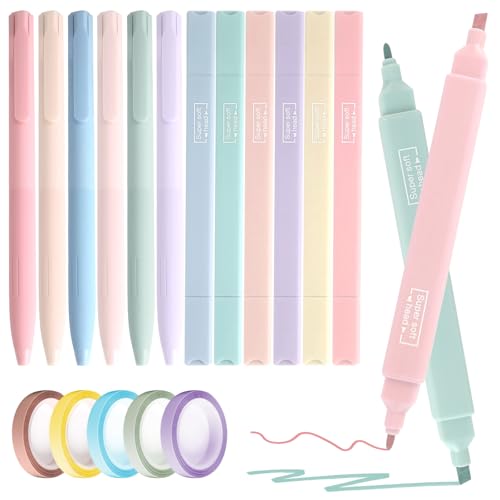 Textmarker Set Mit 5 Stück Klebebänder, 6 Stück Ästhetische Textmarker Und 6 Stück Gel-tintenstift, Mehrfarbige Textmarker Pastell, Stabilo Textmarker Für Aesthetic School Stuff von YFPOPONE