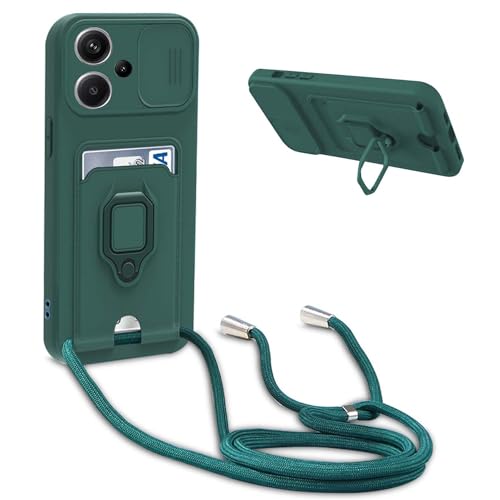 Handykette Schutzhülle kompatibel mit Redmi Note 13 Pro Plus 5G/Note 13 Pro+ 5G Handyhülle mit Band,Silikon Handyhülle Case mit Schiebe Kameraschutz,360 Grad Ringhalter Stand,Kartenfach,Dunkel Grün von YFSYLL