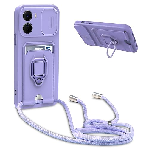 Handykette Schutzhülle kompatibel mit Vivo Y16 4G / Vivo Y02S 2022 Handyhülle mit Band,Silikon Handyhülle Case mit Schiebe Kameraschutz,360 Grad Ringhalter Stand,Kartenfach,Violett von YFSYLL