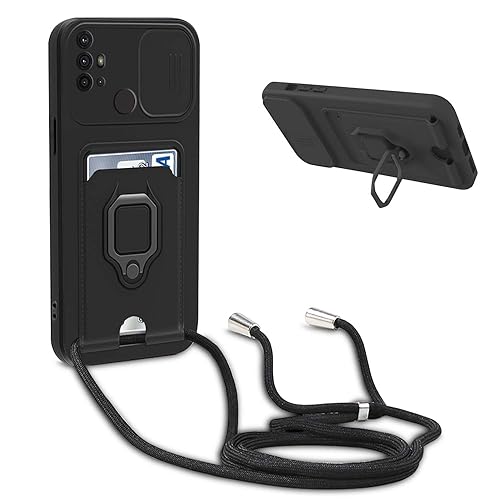 YFSYLL Handykette Schutzhülle kompatibel mit Motorola Moto G30 / G20 / G10 Handyhülle mit Band,Silikon Handyhülle Case mit Schiebe Kameraschutz,360 Grad Ringhalter Stand,Kartenfach,Schwarz von YFSYLL