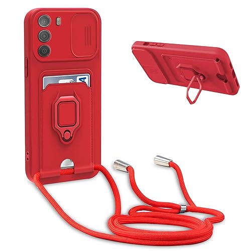 YFSYLL Handykette Schutzhülle kompatibel mit Motorola Moto G42 4G Handyhülle mit Band,Silikon Handyhülle Case mit Schiebe Kameraschutz,360 Grad Ringhalter Stand,Kartenfach,Rot von YFSYLL