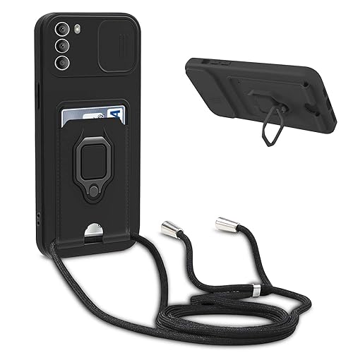 YFSYLL Handykette Schutzhülle kompatibel mit Motorola Moto G51 Handyhülle mit Band,Silikon Handyhülle Case mit Schiebe Kameraschutz,360 Grad Ringhalter Stand,Kartenfach,Schwarz von YFSYLL
