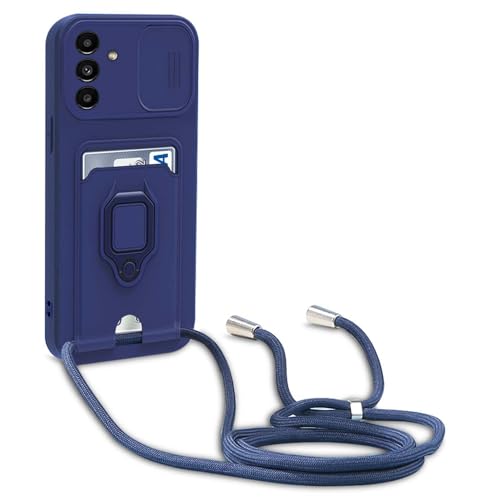 YFSYLL Handykette Schutzhülle kompatibel mit Samsung Galaxy A55 Handyhülle mit Band,Silikon Handyhülle Case mit Schiebe Kameraschutz,360 Grad Ringhalter Stand,Kartenfach,Blau von YFSYLL