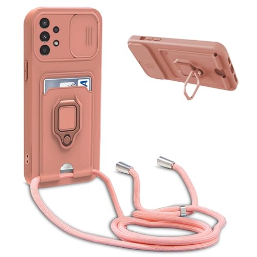 YFSYLL Handykette Schutzhülle kompatibel mit Samsung Galaxy A72 4G Handyhülle mit Band,Silikon Handyhülle Case mit Schiebe Kameraschutz,360 Grad Ringhalter Stand,Kartenfach,Pink von YFSYLL