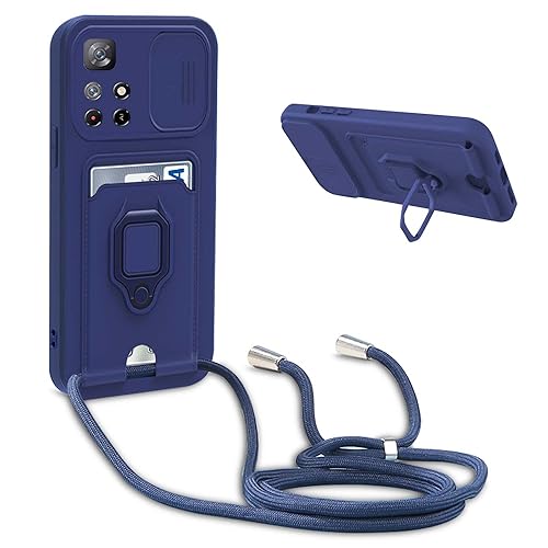 YFSYLL Handykette Schutzhülle kompatibel mit Xiaomi Mi 12T/12T Pro 5G Handyhülle mit Band,Silikon Handyhülle Case mit Schiebe Kameraschutz,360 Grad Ringhalter Stand,Kartenfach,Blau von YFSYLL