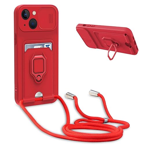 YFSYLL Handykette Schutzhülle kompatibel mit iPhone 15 Handyhülle mit Band,Silikon Handyhülle Case mit Schiebe Kameraschutz,360 Grad Ringhalter Stand,Kartenfach,Rot von YFSYLL