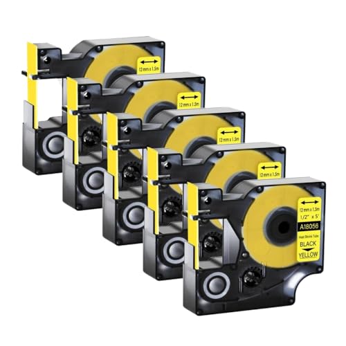 5 Stück Schrumpfschlauch-Klebebänder, kompatibel mit 6 mm, 9 mm, 12 mm, 19 mm, 24 mm und 4200 5200 Etikettendruckern(Black on Yellow) von YGUWZ