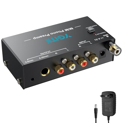 YGiTK Vorverstärker für Plattenspieler | M/M Phono-Vorverstärker mit Netzschalter | RCA Input & Output Interfaces | DC-12V Zertifiziertes Netzteil | Wenig-Lärm Betrieb | Kompaktes Gehäuse von YGiTK