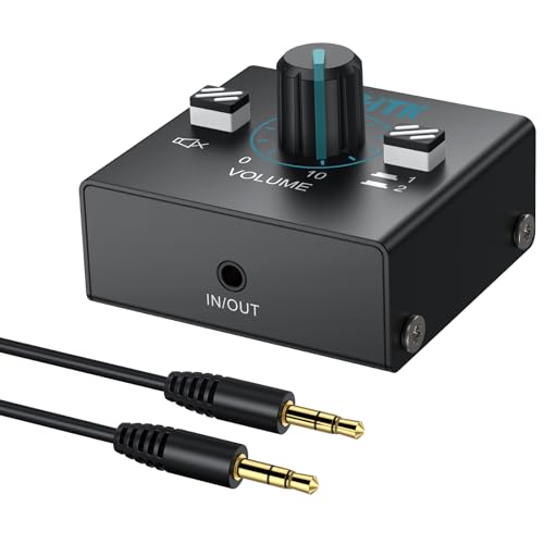YGiTK 3,5mm Audio Switcher 2(1)-In-1(2)-Out Audio Schalter mit 3,5-mm-Audiokabel, Lautstärkeregler & One-Touch Stummschalttaste, Audio Umschalter Sound Verteiler für Lautsprecher Kopfhörer von YGiTK