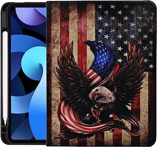 YHB Hülle für iPad Pro 12.9 2022 6th/5th/4th/3rd Generation, Slim PU Leather Folding Protective Stand Multiple Viewing Angles TPU Cover with Pencil Holder Auto Sleep/Wake, Bald Eagle American Flag von YHB