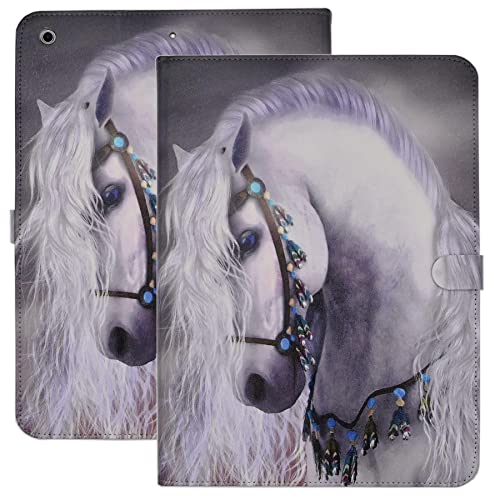 YHB Schutzhülle für iPad 7., 8. und 9. Generation (10,2 Zoll Display – 2019, 2020 & 2021 Version), Slim PU Leder Folio Stand Shell Mehrere Betrachtungswinkel TPU Schutzhülle White Horse von YHB