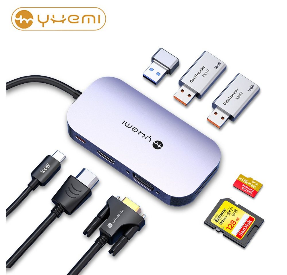 YHEMI 8 in 1 Typ-c Dockingstation USB-C zu HDMI/VGA 4k cast screen Hub USB-Adapter von YHEMI