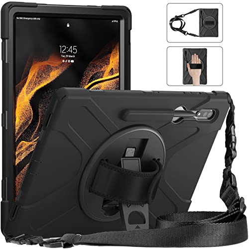 YHFZR Hülle für Samsung Galaxy Tab S8 Ultra, 360 Grad drehbar mit Ständer, Handgurt & Schultergurt Gehäuse Hybrid-SchwerLast Stoßfest Schutzhülle für Samsung Tab S8 Ultra 14,6'' X900/X906, Schwarz von YHFZR