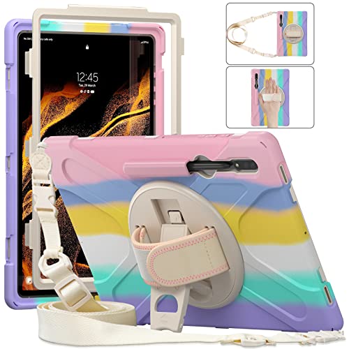 YHFZR Hülle für Samsung Galaxy Tab S8 Ultra, 360 Grad drehbar mit Ständer, Handgurt & Schultergurt Gehäuse Hybrid-SchwerLast Stoßfest Schutzhülle für Samsung Tab S8 Ultra 14,6'' X900/X906, Orange von YHFZR