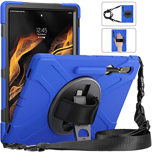YHFZR Hülle für Samsung Galaxy Tab S8 Ultra, 360 Grad drehbar mit Ständer, Handgurt & Schultergurt Gehäuse Hybrid-SchwerLast Stoßfest Schutzhülle für Samsung Tab S8 Ultra 14,6'' X900/X906, Blau von YHFZR