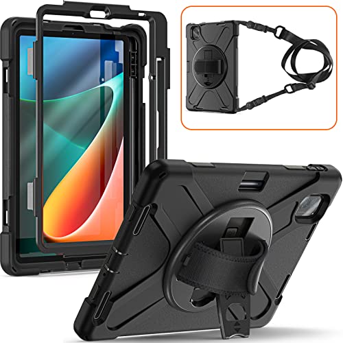 YHFZR Hülle für Xiaomi Mi Pad 5/5 Pro 11 Zoll, 360 Grad drehbar mit Ständer, Handgurt und Schultergurt Gehäuse Hybrid-SchwerLast Stoßfest Schutzhülle für Xiaomi Mi Pad 5/5 Pro 11 Zoll, Schwarz von YHFZR