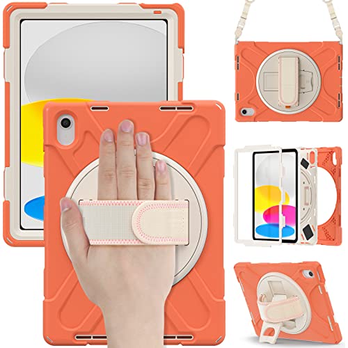 YHFZR Hülle für iPad 10. Generation 10,9 Zoll 2022, Drehbar mit Ständer Handgurt & Schultergurt Gehäuse Hybrid-SchwerLast Stoßfest Hülle für iPad 10. Generation 10,9 Zoll 2022, Orange von YHFZR