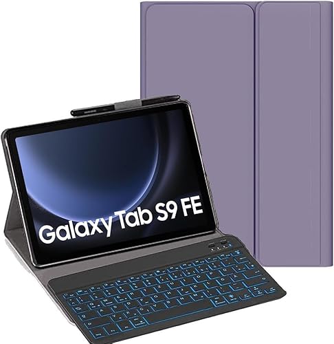 YHFZR Tastatur Hülle [Deutsches QWERTZ] Slim Hülle mit 7 Farben Beleuchtung Kabellose Tastatur mit Schützhülle für Samsung Galaxy Tab S9 FE 10,9 Zoll SM-X510/X516B, Violett von YHFZR
