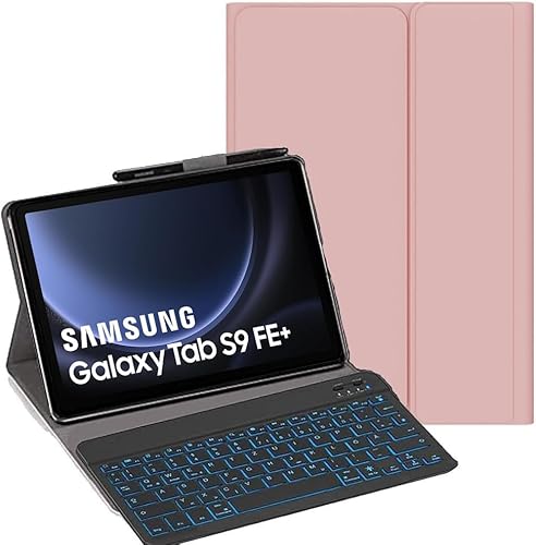 YHFZR Tastatur Hülle [Deutsches QWERTZ] Ultraslim Hülle mit 7 Farben Beleuchtung Kabellose Tastatur mit Schützhülle für Samsung Galaxy Tab S9 FE+ 12,4" SM-X610/X616B, Roségold von YHFZR