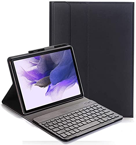 YHFZR Tastatur Hülle for Samsung Galaxy Tab S7 FE - (QWERTY Layout), Ultradünn Flip Entfernbar Drahtloser Keyboardständer Ledertasche für Samsung Galaxy Tab S7 FE T730/T736B 12.4" Tablet, Schwarz von YHFZR